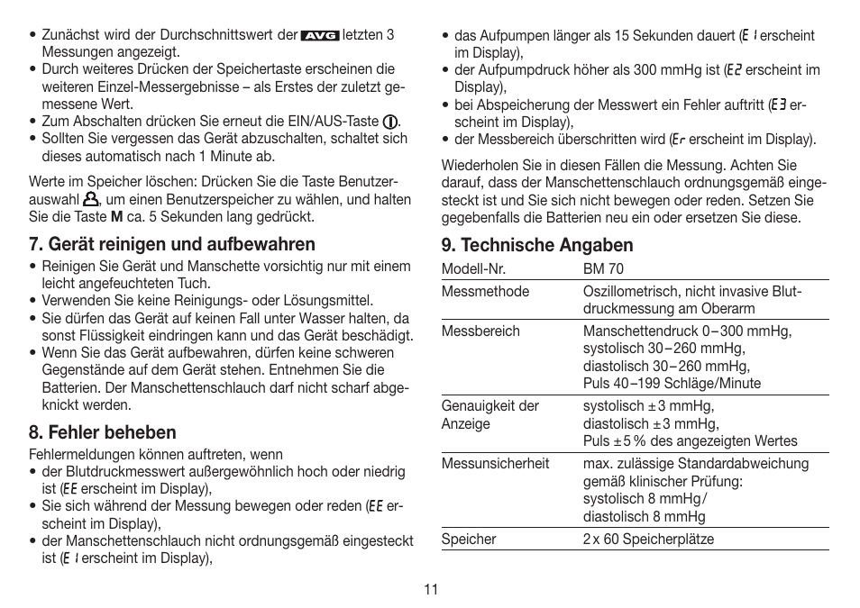 Gerät reinigen und aufbewahren, Fehler beheben, Technische angaben | Beurer BM 70 User Manual | Page 11 / 100