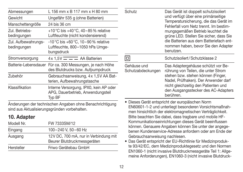 Adapter | Beurer BM 70 User Manual | Page 12 / 100