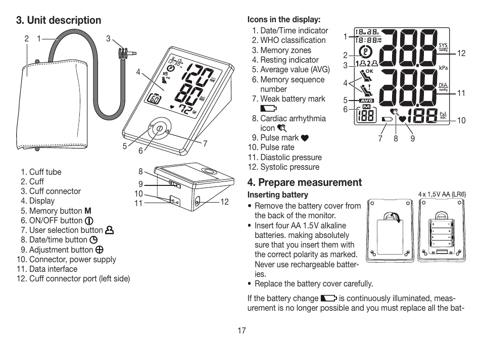 Unit description, Prepare measurement | Beurer BM 70 User Manual | Page 17 / 100