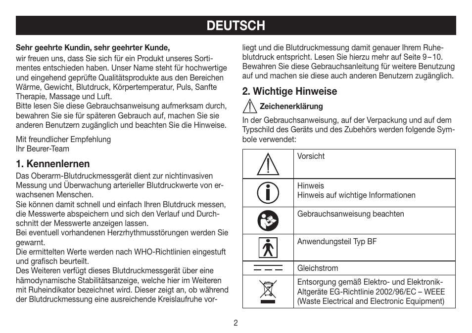Deutsch, Kennenlernen, Wichtige hinweise | Beurer BM 70 User Manual | Page 2 / 100
