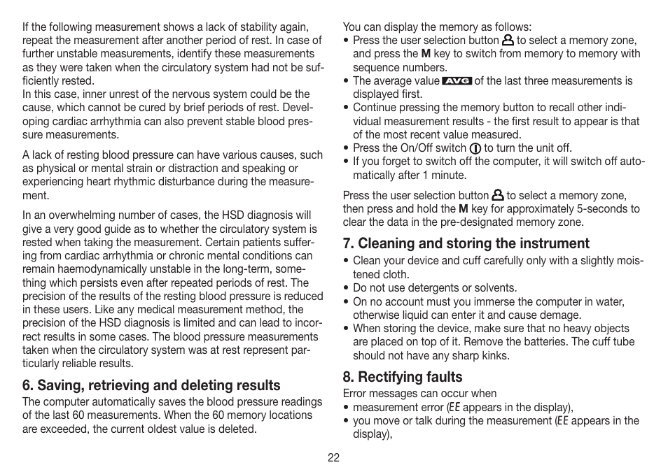 Saving, retrieving and deleting results, Cleaning and storing the instrument, Rectifying faults | Beurer BM 70 User Manual | Page 22 / 100