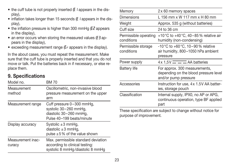 Specifications | Beurer BM 70 User Manual | Page 23 / 100