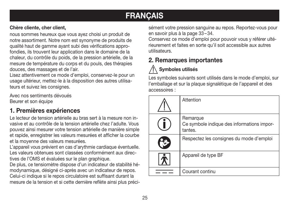 Français, Premières expériences, Remarques importantes | Beurer BM 70 User Manual | Page 25 / 100