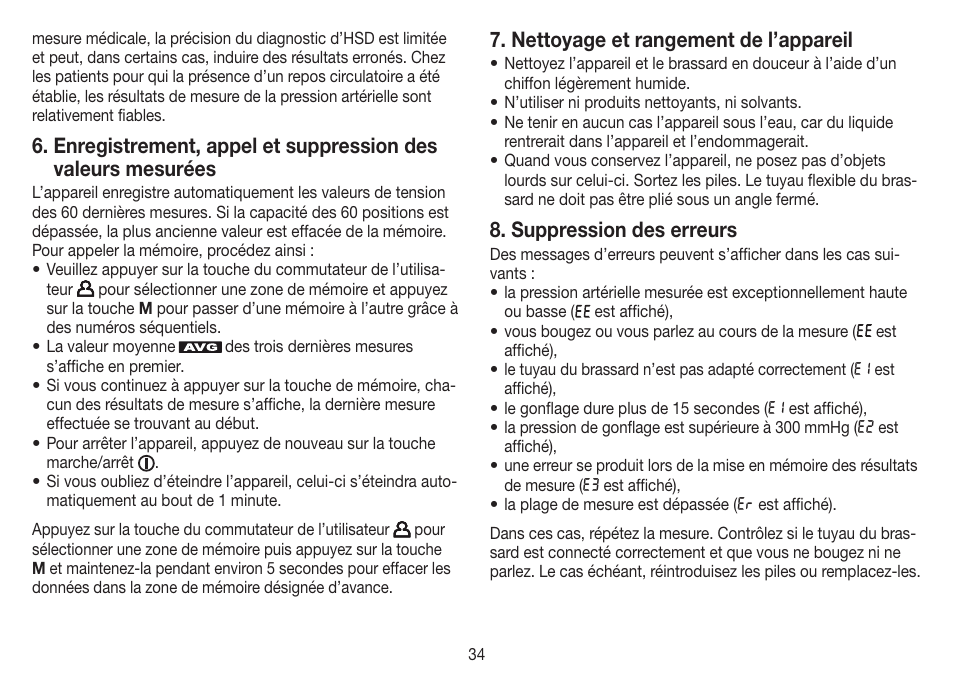 Nettoyage et rangement de l’appareil, Suppression des erreurs | Beurer BM 70 User Manual | Page 34 / 100