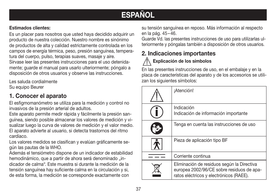 Español, Conocer el aparato, Indicaciones importantes | Beurer BM 70 User Manual | Page 37 / 100