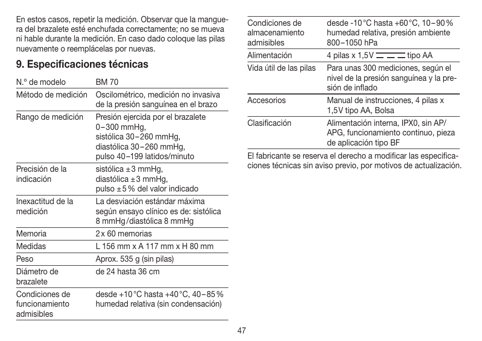 Especificaciones técnicas | Beurer BM 70 User Manual | Page 47 / 100