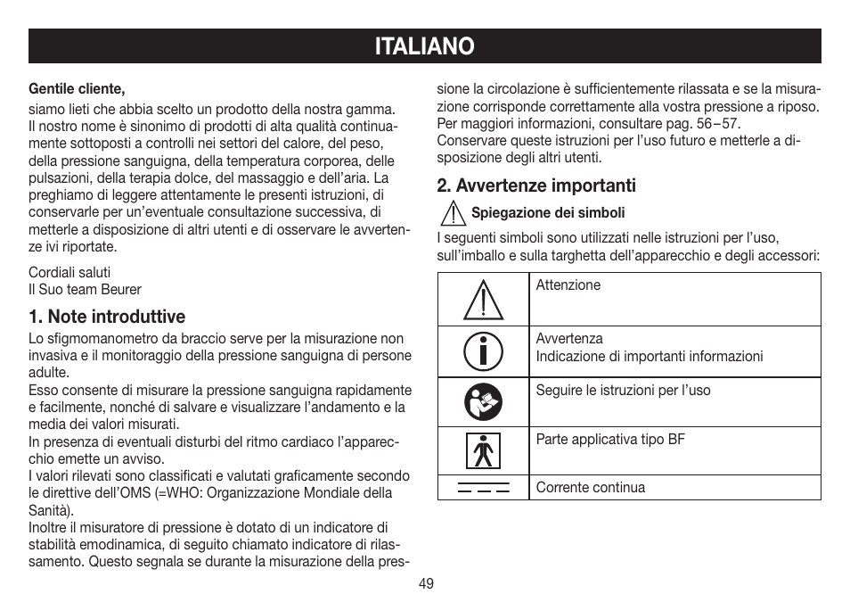 Italiano, Avvertenze importanti | Beurer BM 70 User Manual | Page 49 / 100