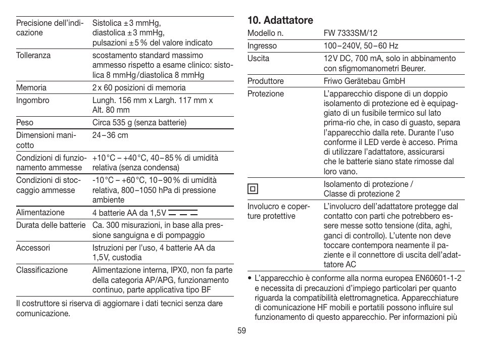 Adattatore | Beurer BM 70 User Manual | Page 59 / 100