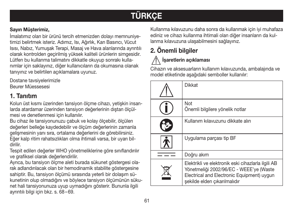 Türkçe, Tanıtım, Önemli bilgiler | Beurer BM 70 User Manual | Page 61 / 100