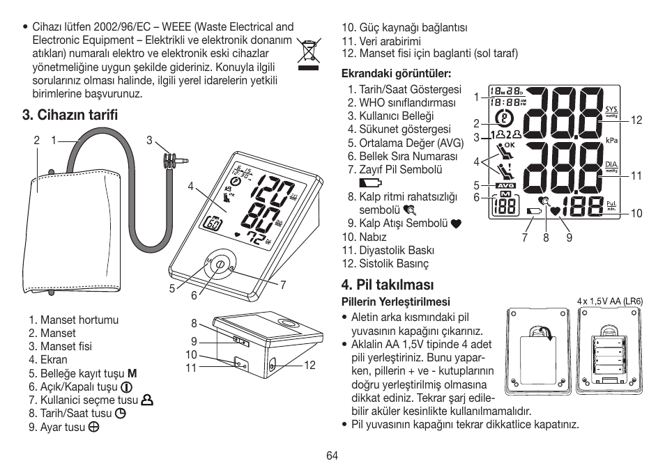 Cihazın tarifi, Pil takılması | Beurer BM 70 User Manual | Page 64 / 100