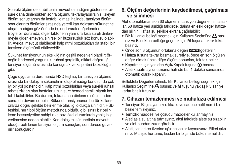 Cihazın temizlenmesi ve muhafaza edilmesi | Beurer BM 70 User Manual | Page 69 / 100