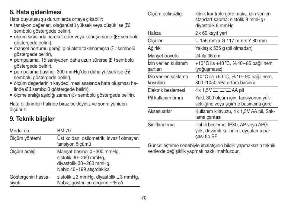 Hata giderilmesi, Teknik bilgiler | Beurer BM 70 User Manual | Page 70 / 100