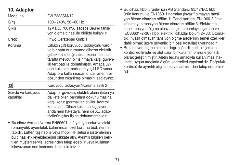 Adaptör | Beurer BM 70 User Manual | Page 71 / 100