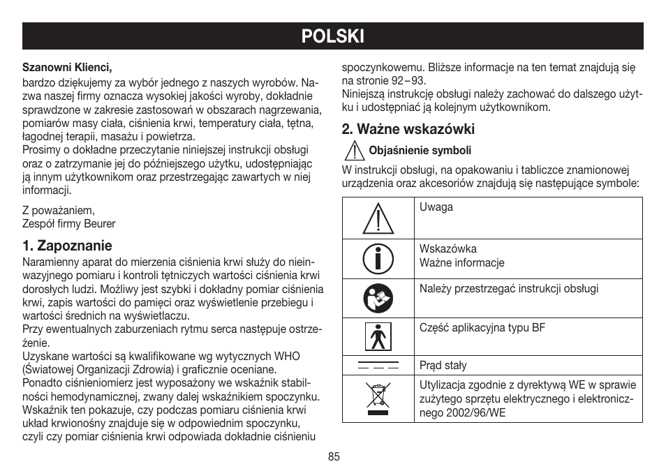 Polski, Zapoznanie, Ważne wskazówki | Beurer BM 70 User Manual | Page 85 / 100