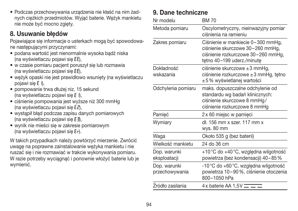 Usuwanie błędów, Dane techniczne | Beurer BM 70 User Manual | Page 94 / 100