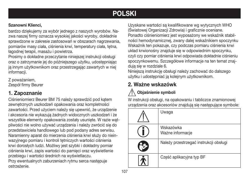 Polski, Zapoznanie, Ważne wskazówk | Beurer BM 75 User Manual | Page 107 / 128