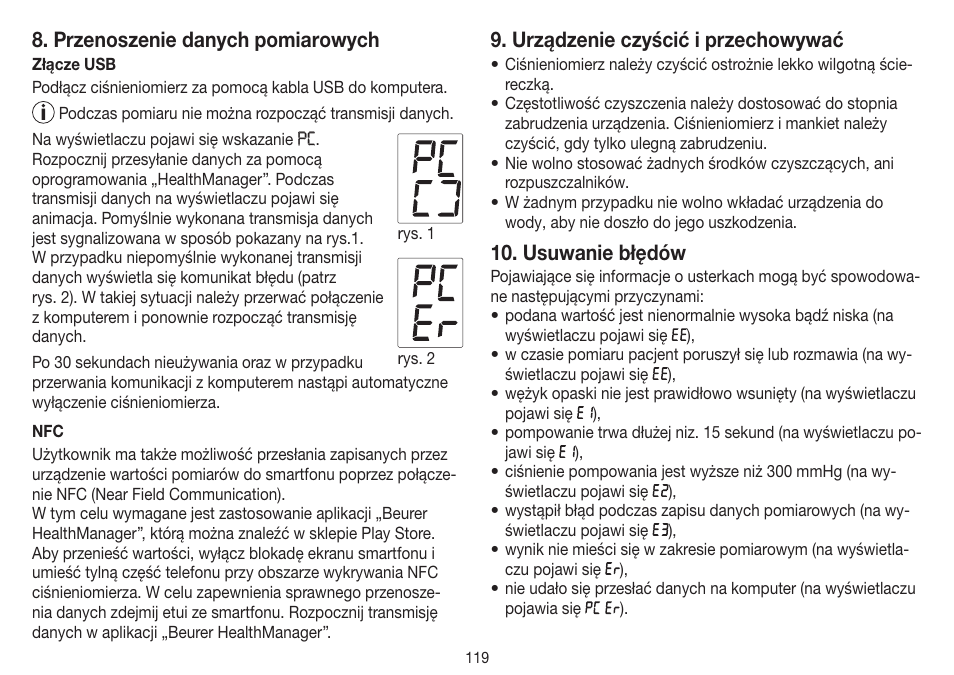 Przenoszenie danych pomiarowych, Urządzenie czyścić i przechowywać, Usuwanie błędów | Beurer BM 75 User Manual | Page 119 / 128