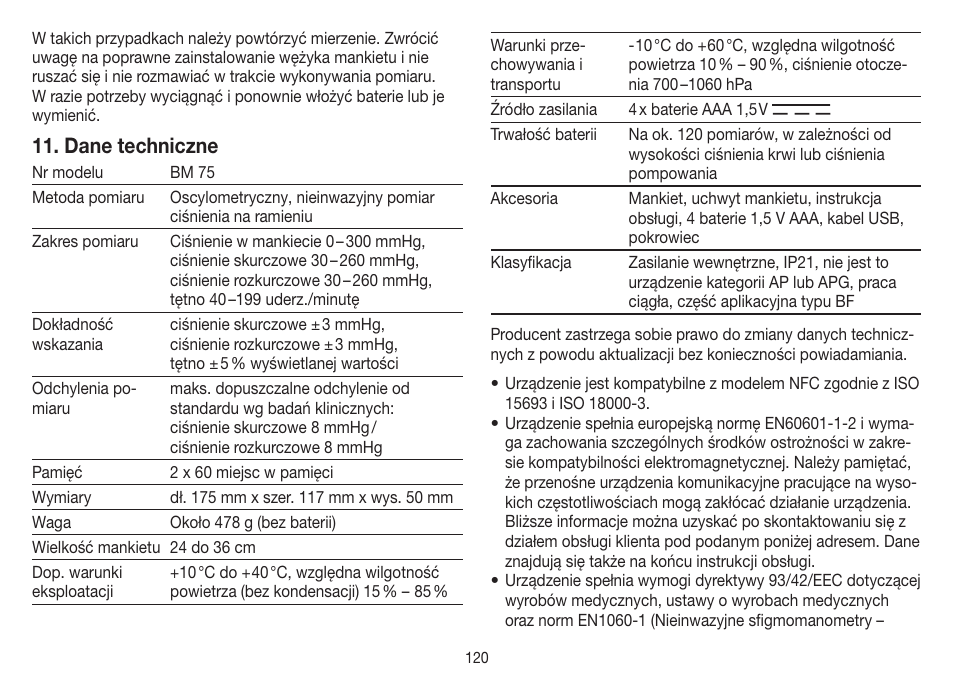 Dane techniczne | Beurer BM 75 User Manual | Page 120 / 128