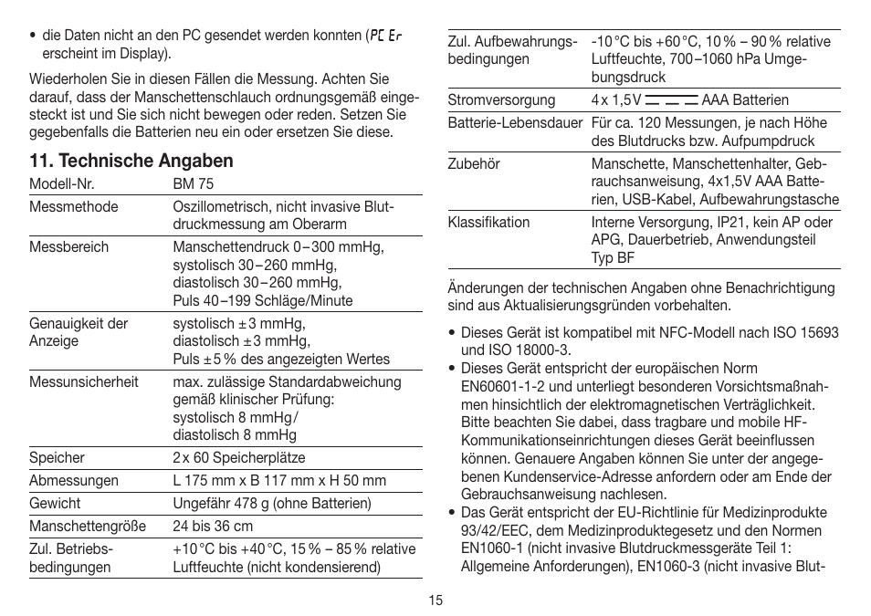 Technische angaben | Beurer BM 75 User Manual | Page 15 / 128