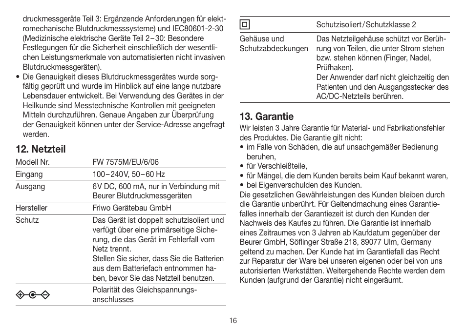 Netzteil, Garantie | Beurer BM 75 User Manual | Page 16 / 128
