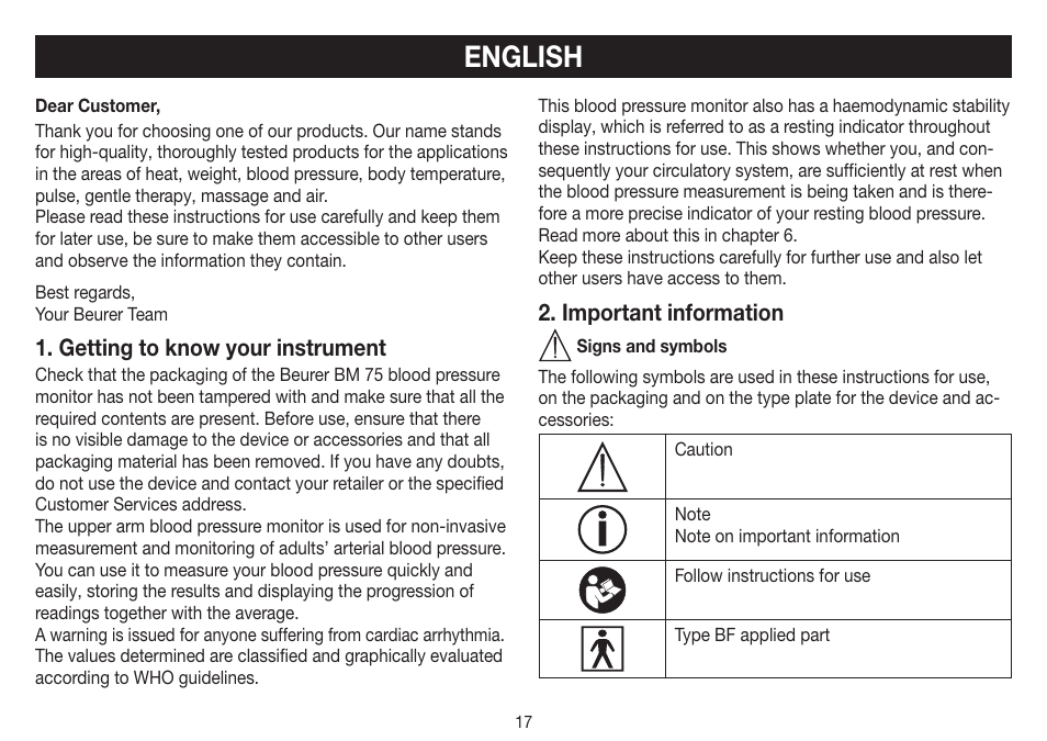 English, Getting to know your instrument, Important information | Beurer BM 75 User Manual | Page 17 / 128