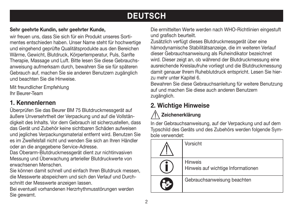 Deutsch, Kennenlernen, Wichtige hinweise | Beurer BM 75 User Manual | Page 2 / 128