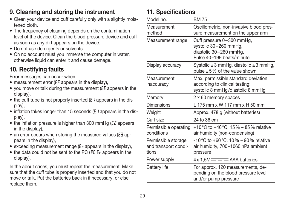 Cleaning and storing the instrument, Rectifying faults, Specifications | Beurer BM 75 User Manual | Page 29 / 128