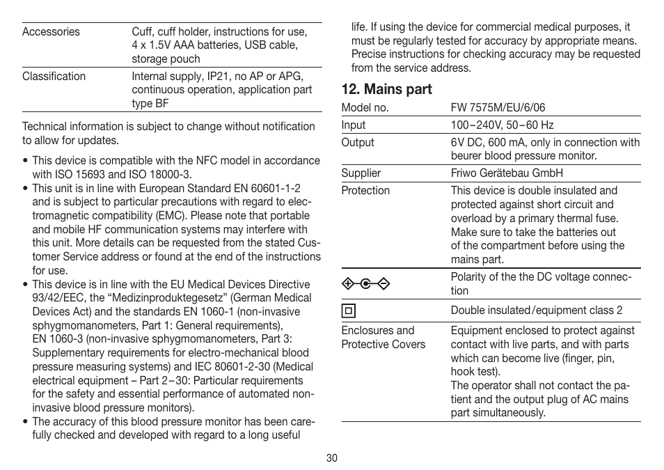 Mains part | Beurer BM 75 User Manual | Page 30 / 128