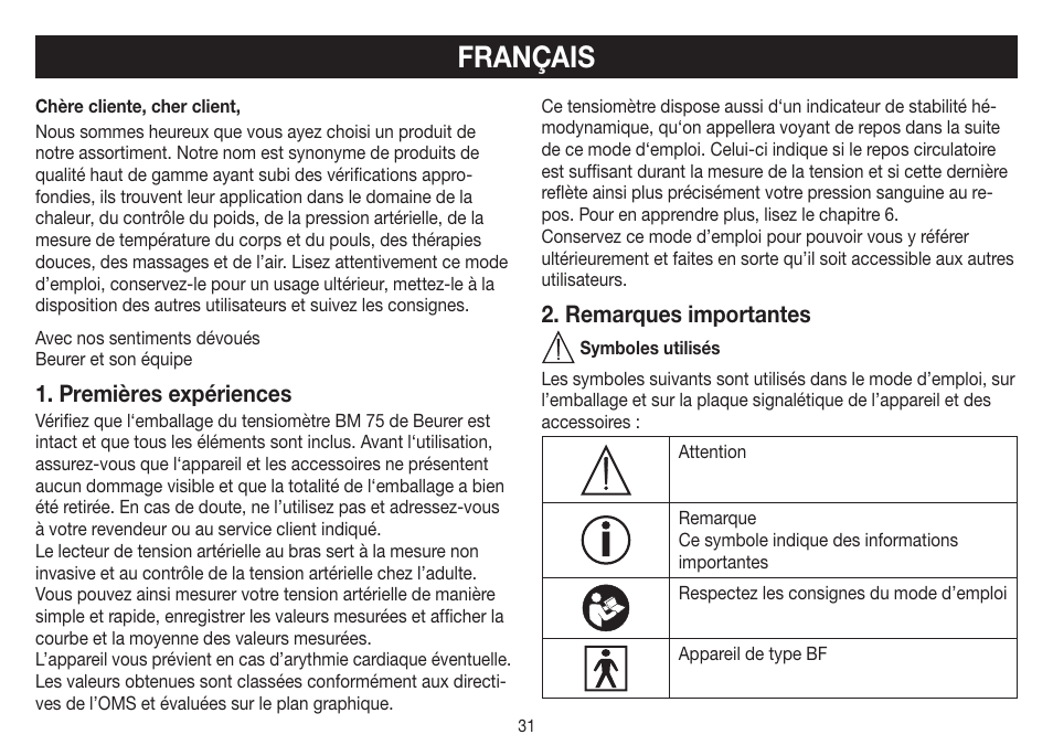 Français, Premières expériences, Remarques importantes | Beurer BM 75 User Manual | Page 31 / 128