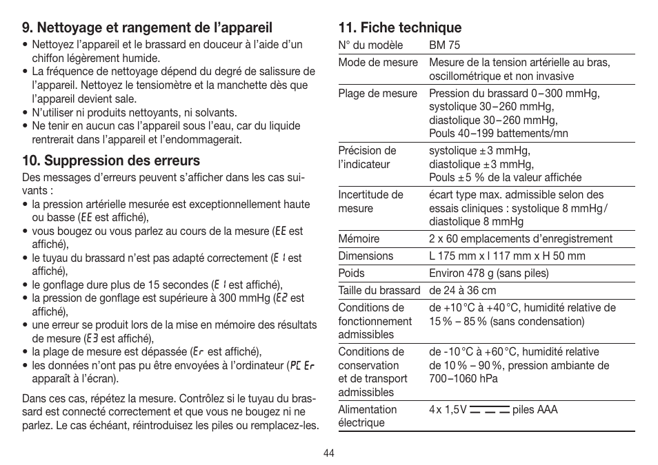 Nettoyage et rangement de l’appareil, Suppression des erreurs, Fiche technique | Beurer BM 75 User Manual | Page 44 / 128