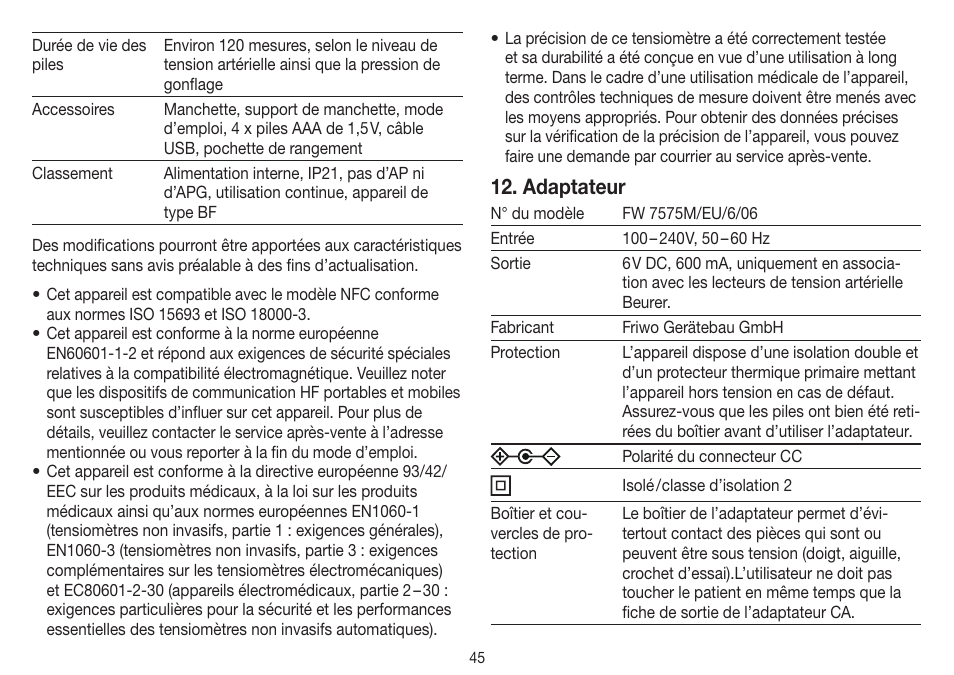 Adaptateur | Beurer BM 75 User Manual | Page 45 / 128