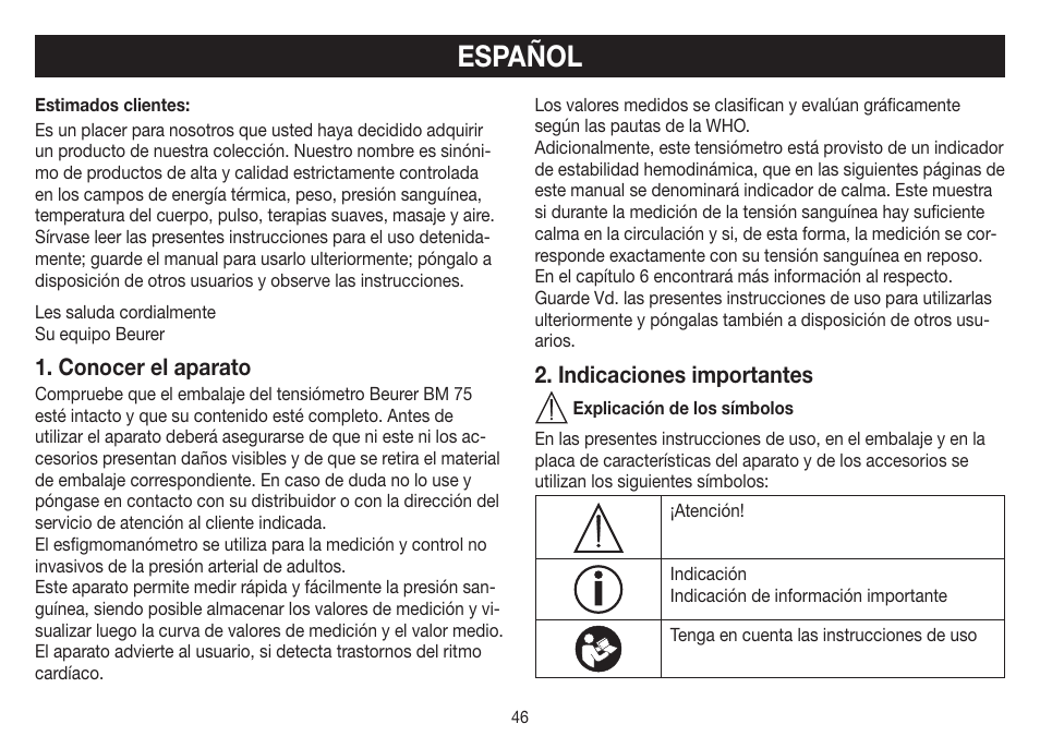 Español, Conocer el aparato, Indicaciones importantes | Beurer BM 75 User Manual | Page 46 / 128