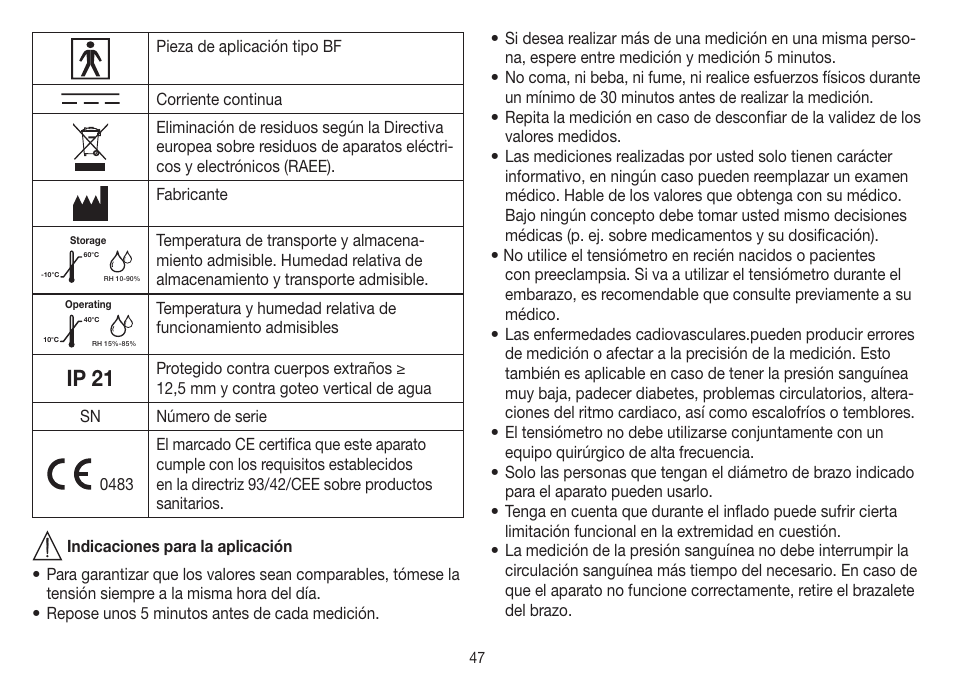 Ip 21 | Beurer BM 75 User Manual | Page 47 / 128