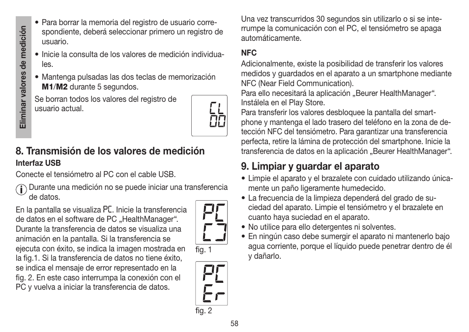 Transmisión de los valores de medición, Limpiar y guardar el aparato | Beurer BM 75 User Manual | Page 58 / 128