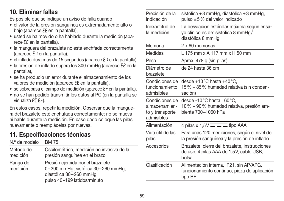 Eliminar fallas, Especificaciones técnicas | Beurer BM 75 User Manual | Page 59 / 128