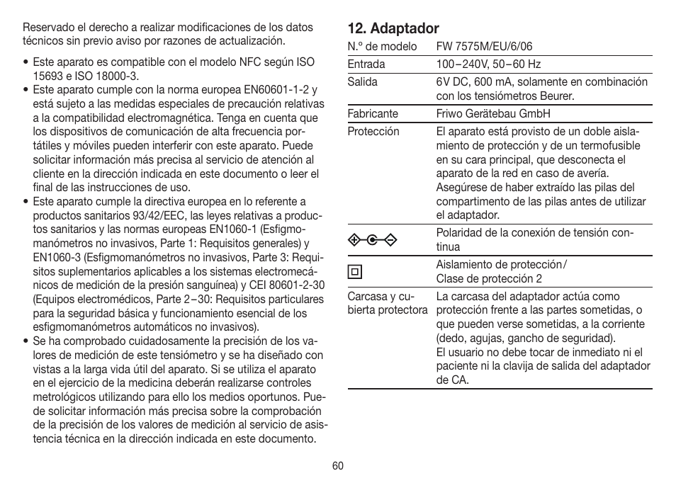 Adaptador | Beurer BM 75 User Manual | Page 60 / 128