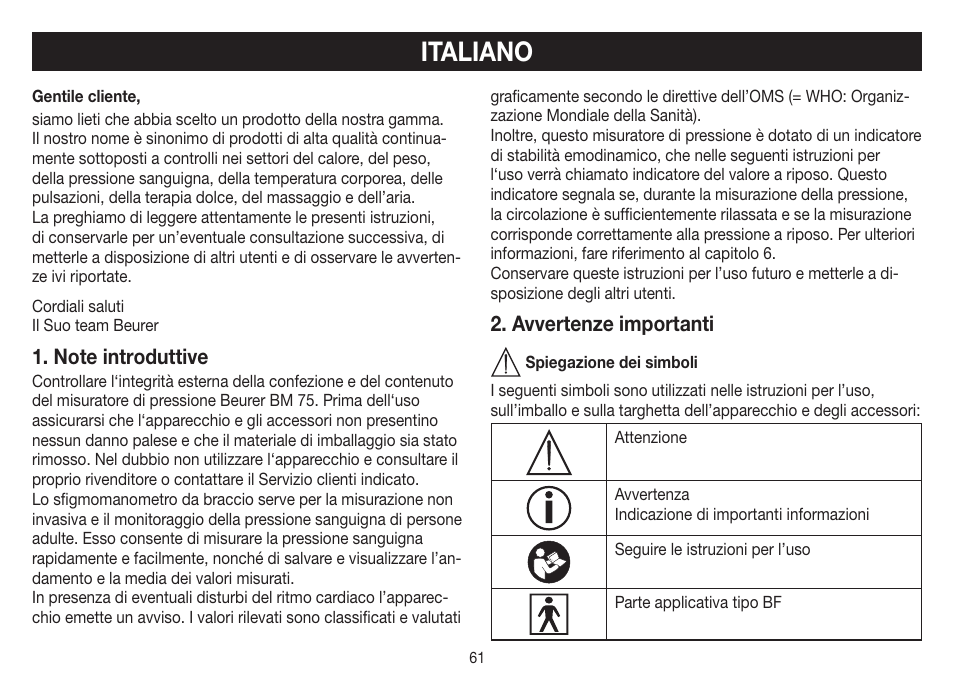 Italiano, Avvertenze importanti | Beurer BM 75 User Manual | Page 61 / 128