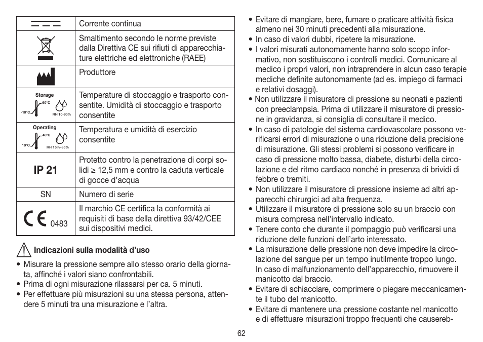 Ip 21 | Beurer BM 75 User Manual | Page 62 / 128