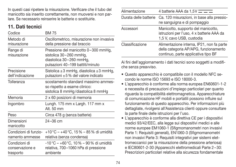 Dati tecnici | Beurer BM 75 User Manual | Page 74 / 128