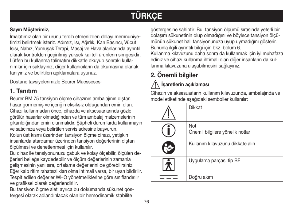 Türkçe, Tanıtım, Önemli bilgiler | Beurer BM 75 User Manual | Page 76 / 128