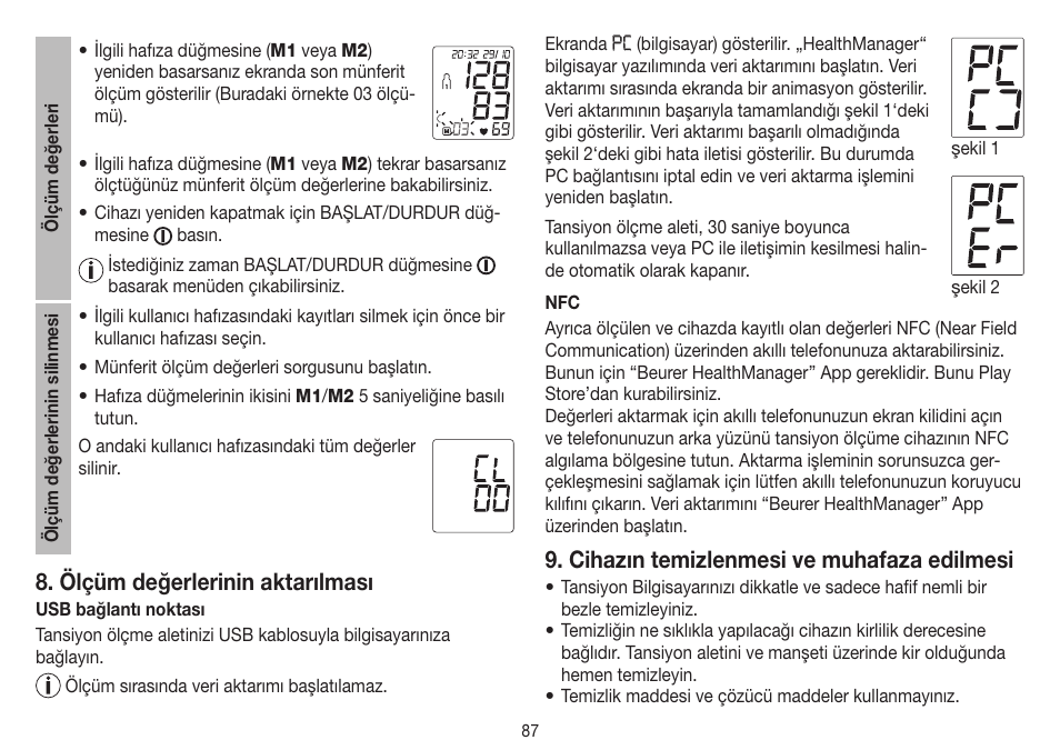 Ölçüm değerlerinin aktarılması, Cihazın temizlenmesi ve muhafaza edilmesi | Beurer BM 75 User Manual | Page 87 / 128