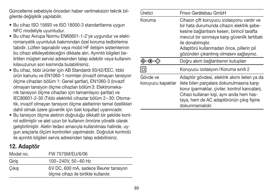 Adaptör | Beurer BM 75 User Manual | Page 89 / 128