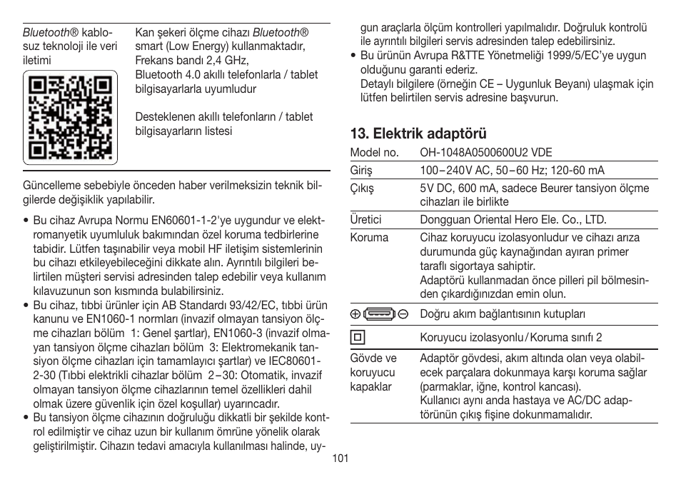 Elektrik adaptörü | Beurer BM 85 User Manual | Page 101 / 144
