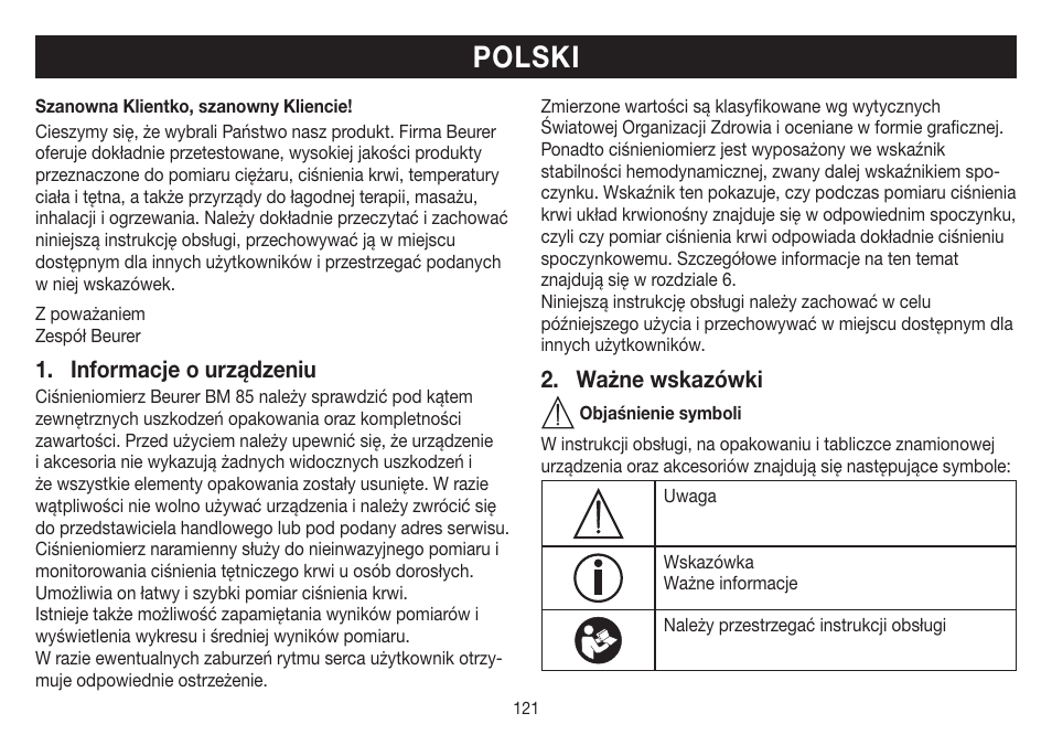 Polski, Informacje o urządzeniu, Ważne wskazówki | Beurer BM 85 User Manual | Page 121 / 144