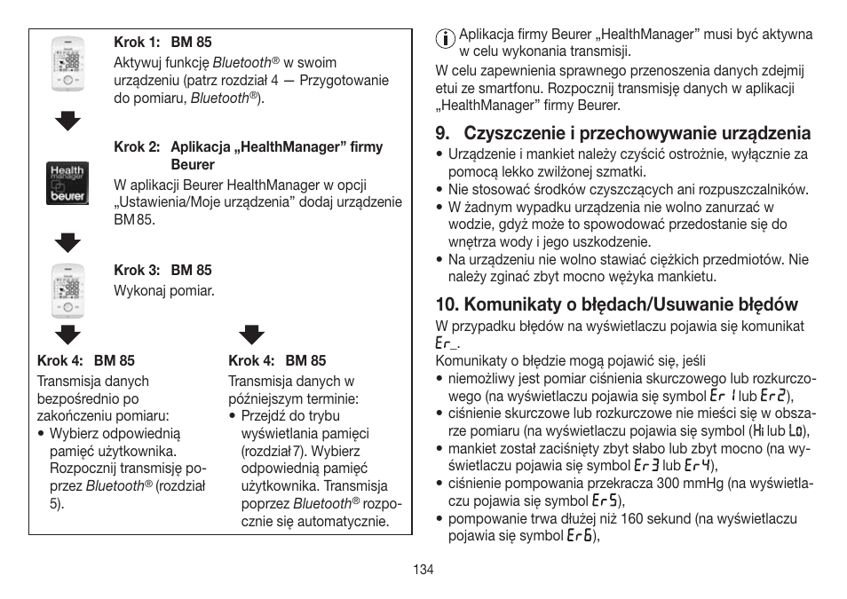 Czyszczenie i przechowywanie urządzenia, Komunikaty o błędach/usuwanie błędów | Beurer BM 85 User Manual | Page 134 / 144