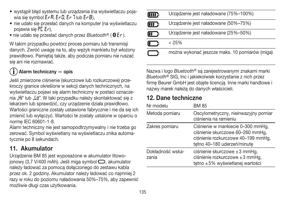Akumulator, Dane techniczne | Beurer BM 85 User Manual | Page 135 / 144