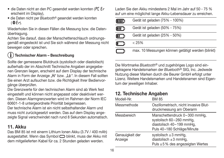 Akku, Technische angaben | Beurer BM 85 User Manual | Page 16 / 144