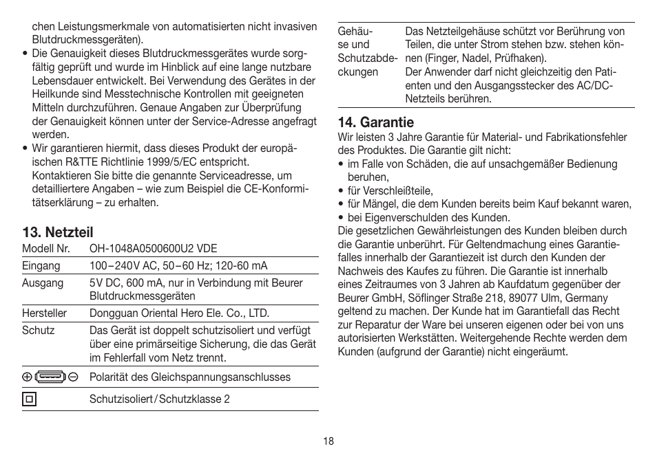 Netzteil, Garantie | Beurer BM 85 User Manual | Page 18 / 144