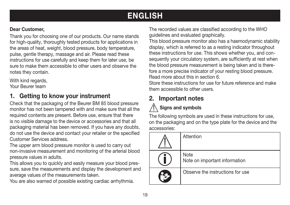 English, Getting to know your instrument | Beurer BM 85 User Manual | Page 19 / 144