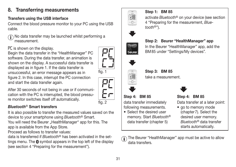 Transferring measurements | Beurer BM 85 User Manual | Page 31 / 144